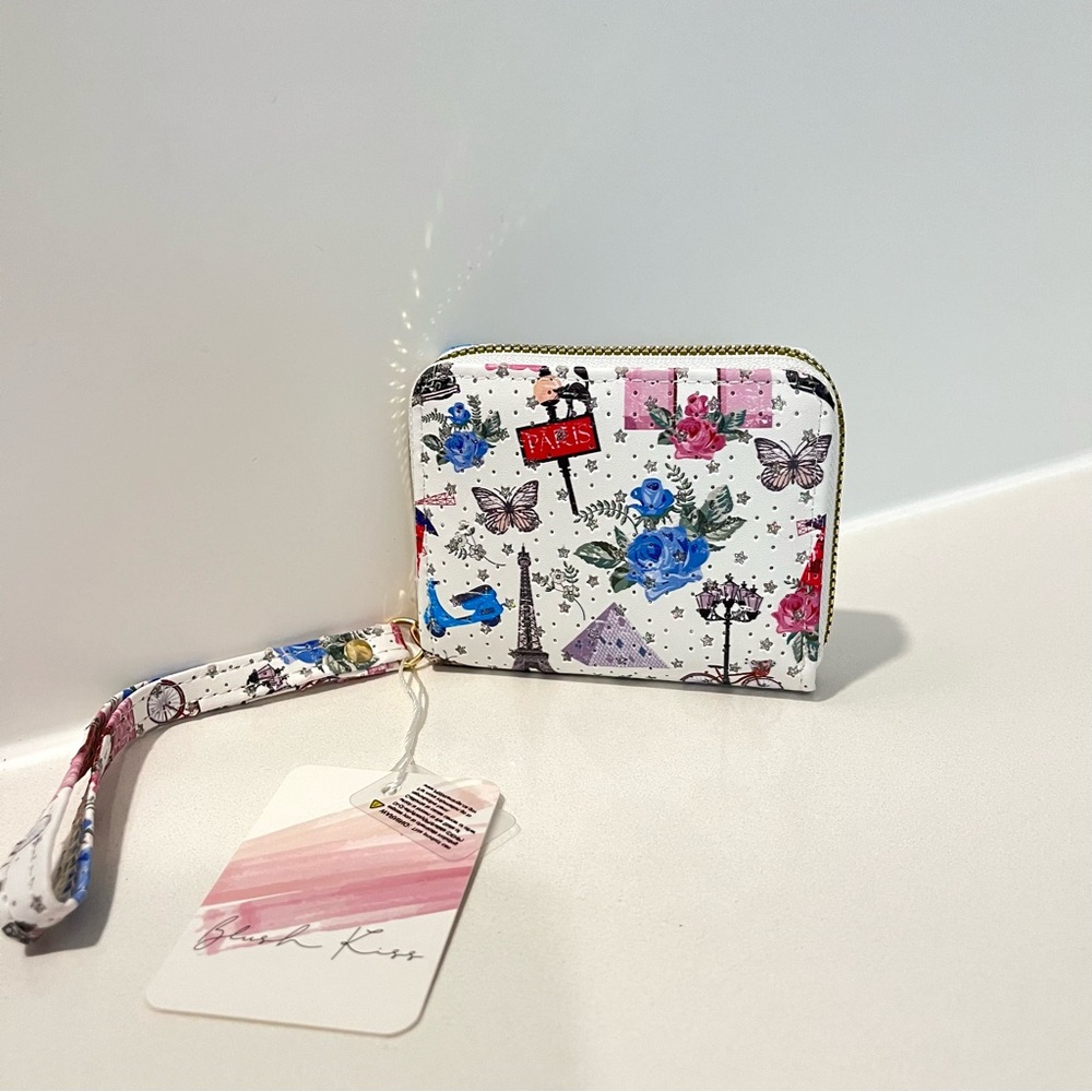 Blush Kiss Glitter Stars Paris Butterfly Print Wristlet Wallet Brand New